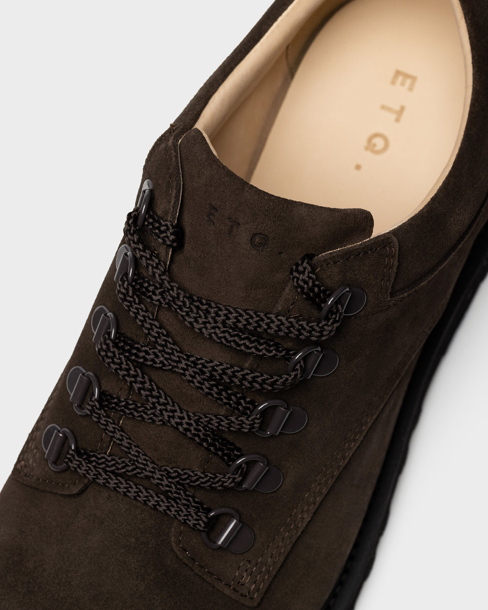 ETQ LB 01 Suede Chocolate ankle boot, three-quarter view