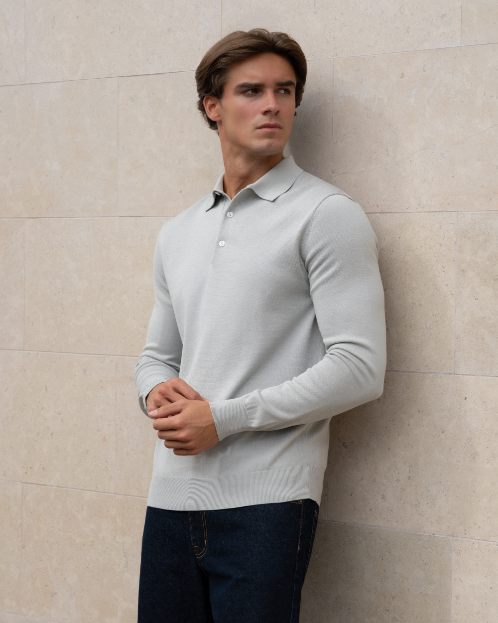 ETQ PO 04 Tailored Longsleeve Cement Grey - men's grey long sleeve polo