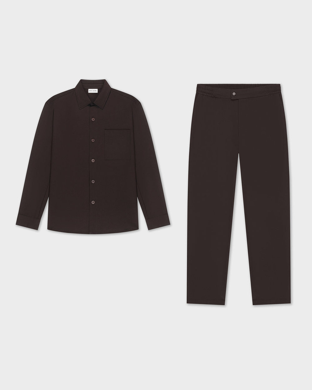 Essence Set 01 Chocolate – co-ord set with overshirt and trousers in brown stretch twill