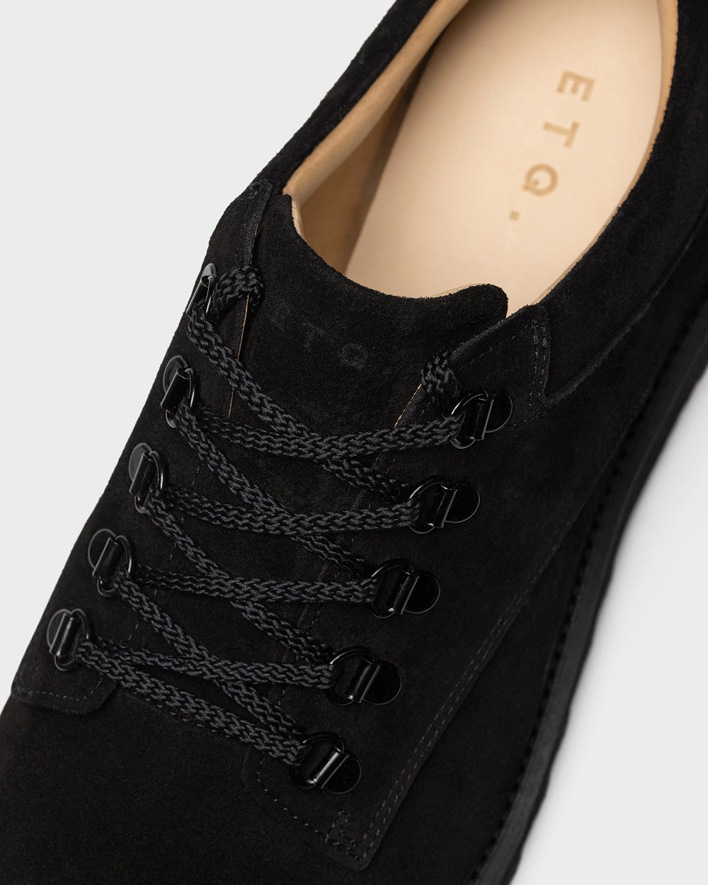 ETQ LB 01 Suede All Black low hiking boot, three-quarter close-up view