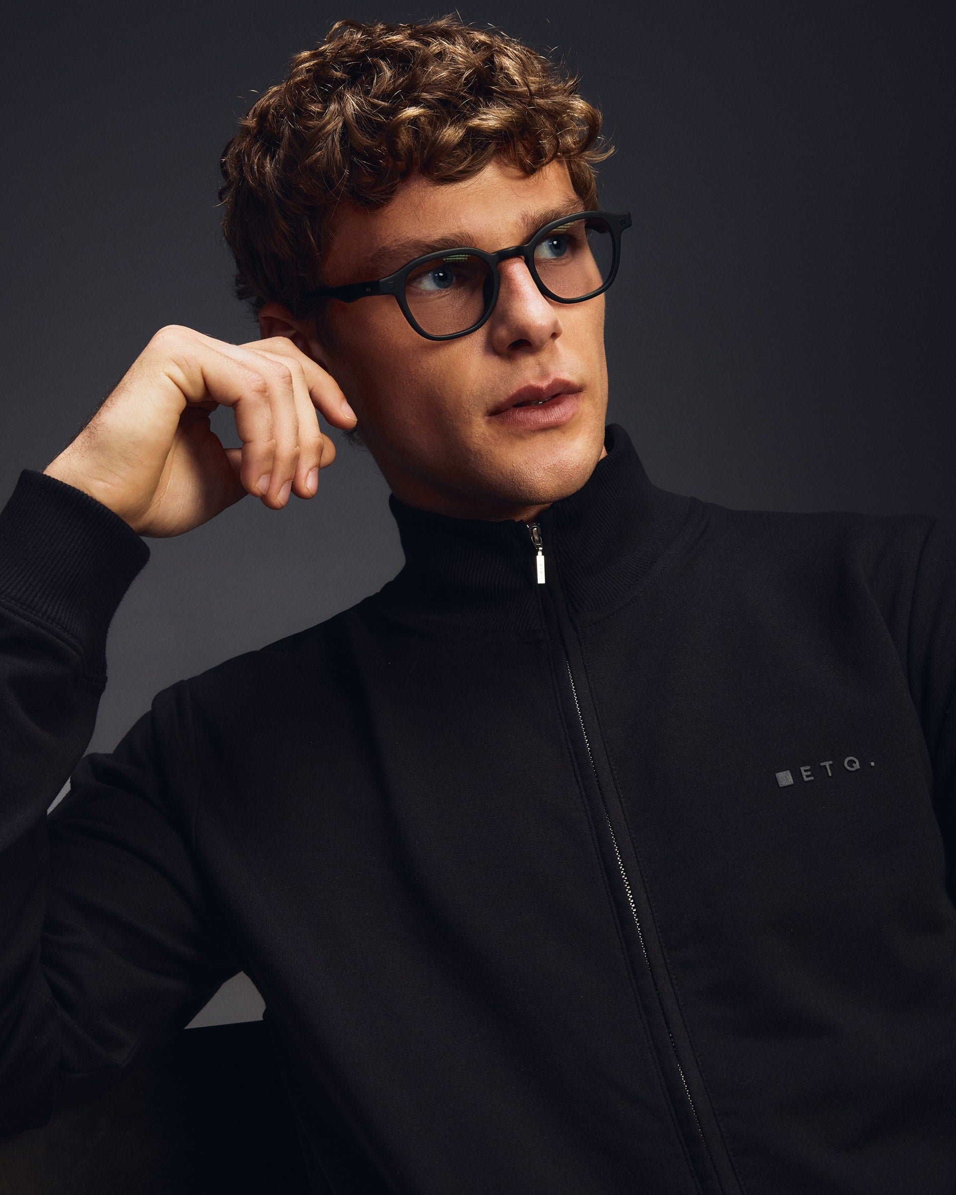 ZS 03 Marked Black and GL 01 Lense x ETQ Matte Black – full zip sweatshirt and blue light glasses