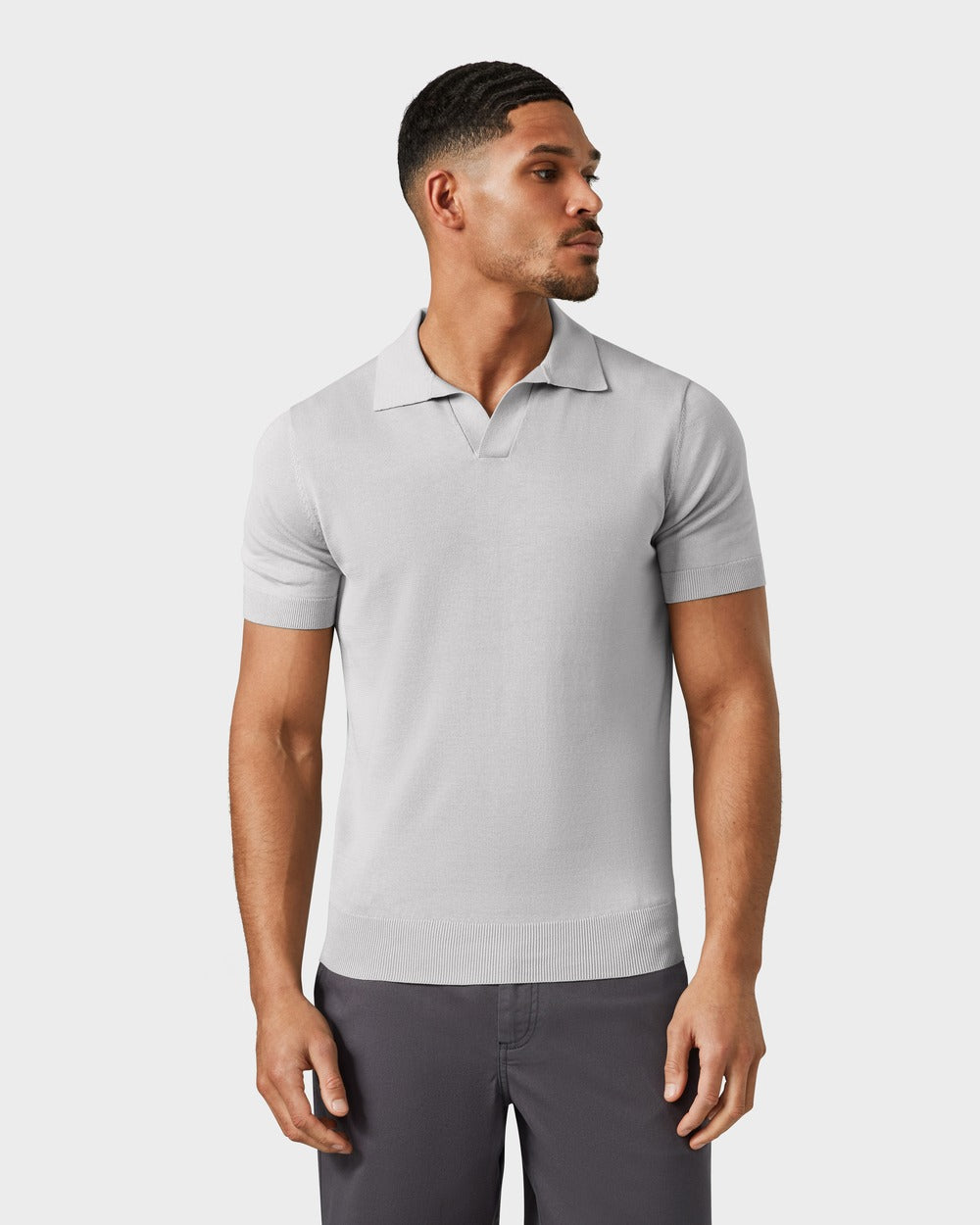 PO 05 Tailored Buttonless Cement Grey – knitted polo in grey cotton and silk, photo 4