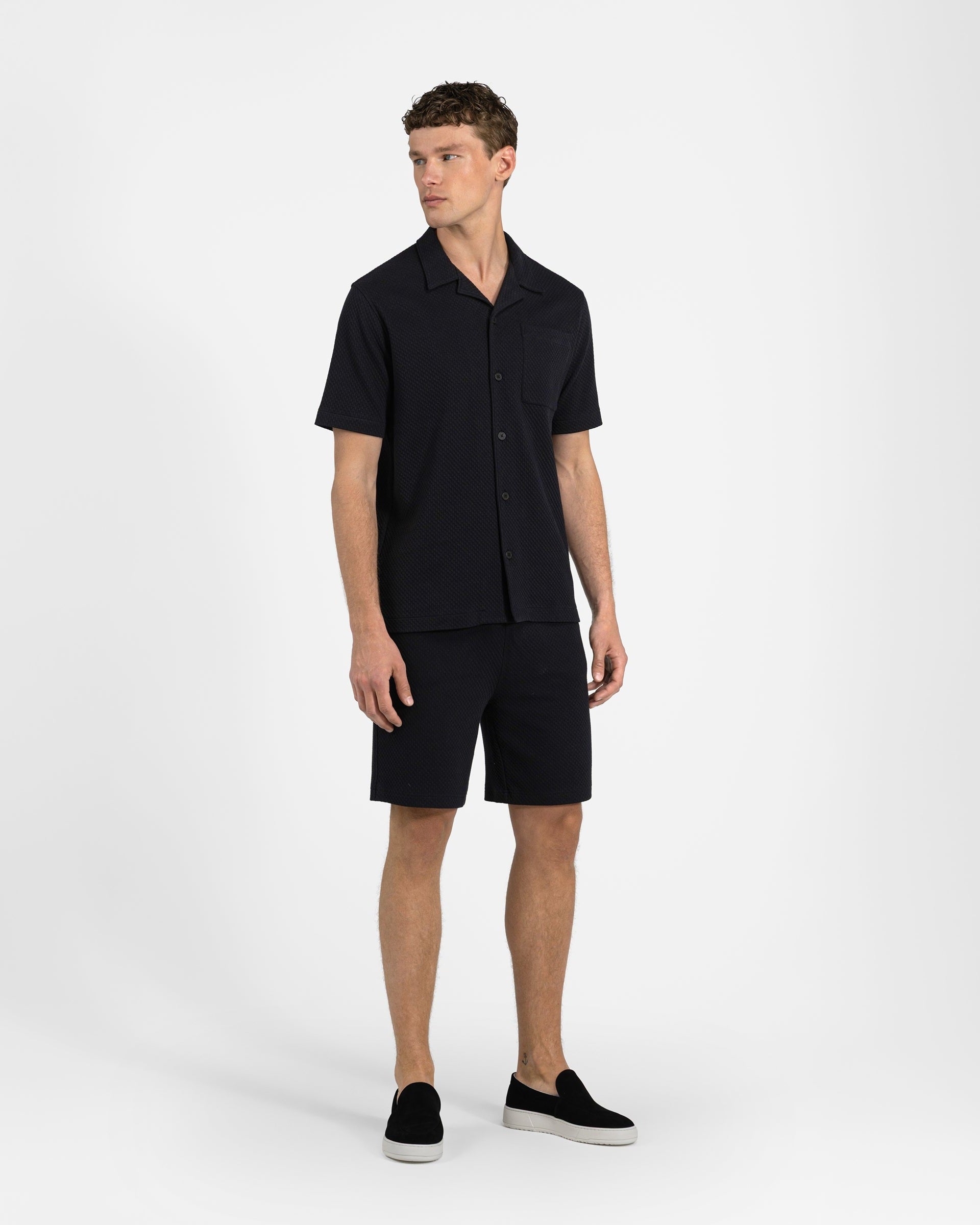 ST 02 Jacquard Black and SH 04 Jacquard Black – shorts and short sleeve shirt