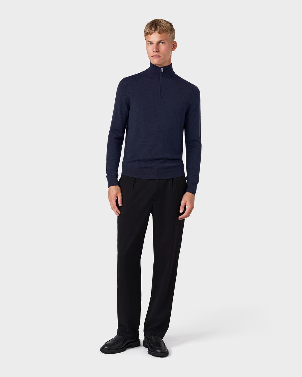 SW 05 Tailored Half Zip Blueberry worn with TP 05 Pleated Wide Black