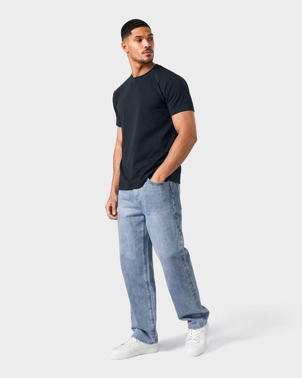 LT 03 Premium Nappa White and JD 01 Wide Daylight Blue – sneakers and wide leg jeans