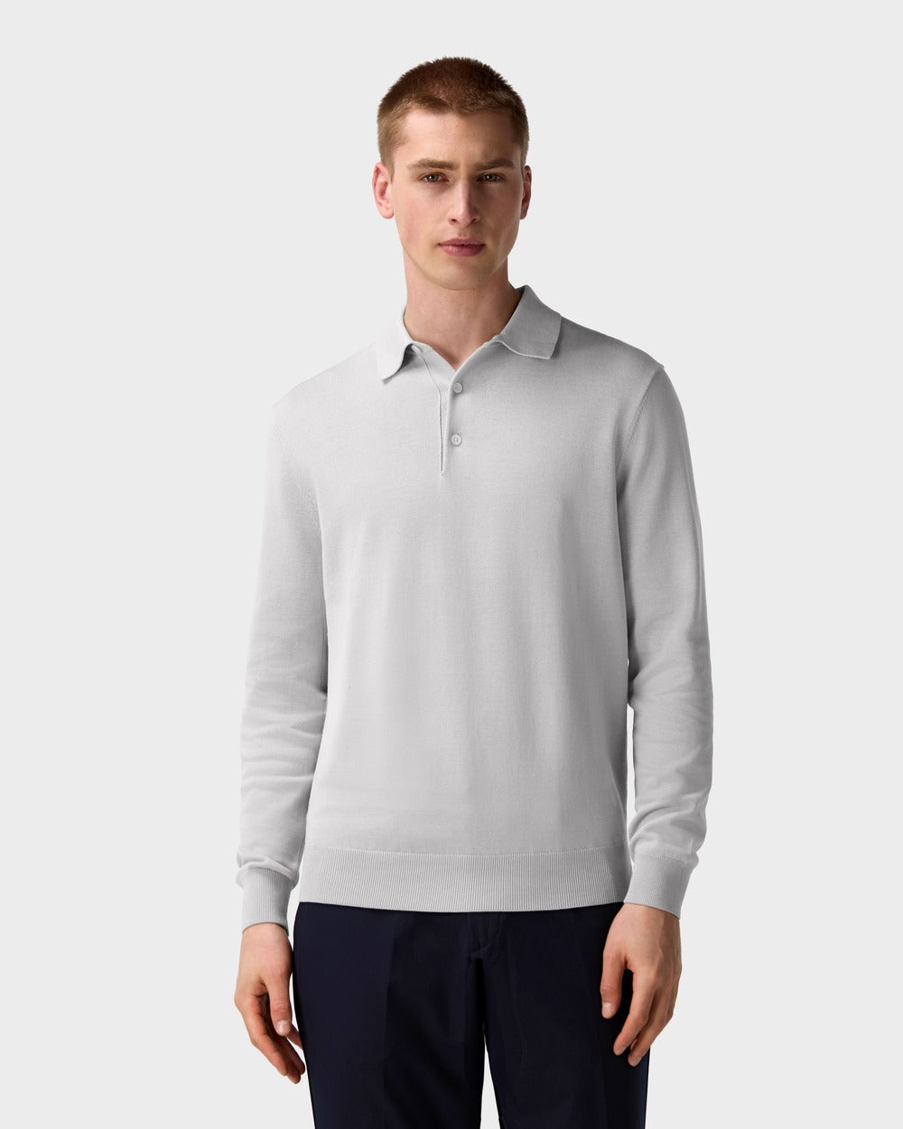 PO 04 Tailored Longsleeve Cement Grey – long sleeve knitted polo in grey cotton and silk
