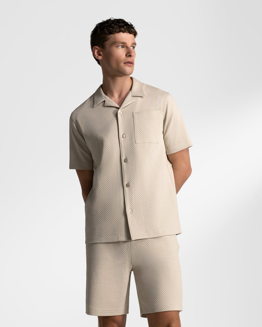 SH 04 Jacquard Sand – short sleeve shirt in beige cotton jacquard, photo 10