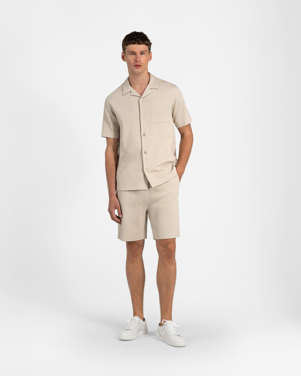 SH 04 Jacquard Sand – short sleeve shirt in beige cotton jacquard, photo 11