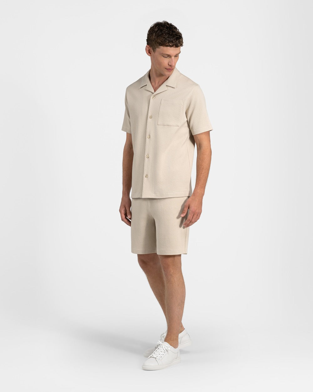 SH 04 Jacquard Sand – short sleeve shirt in beige cotton jacquard, photo 12