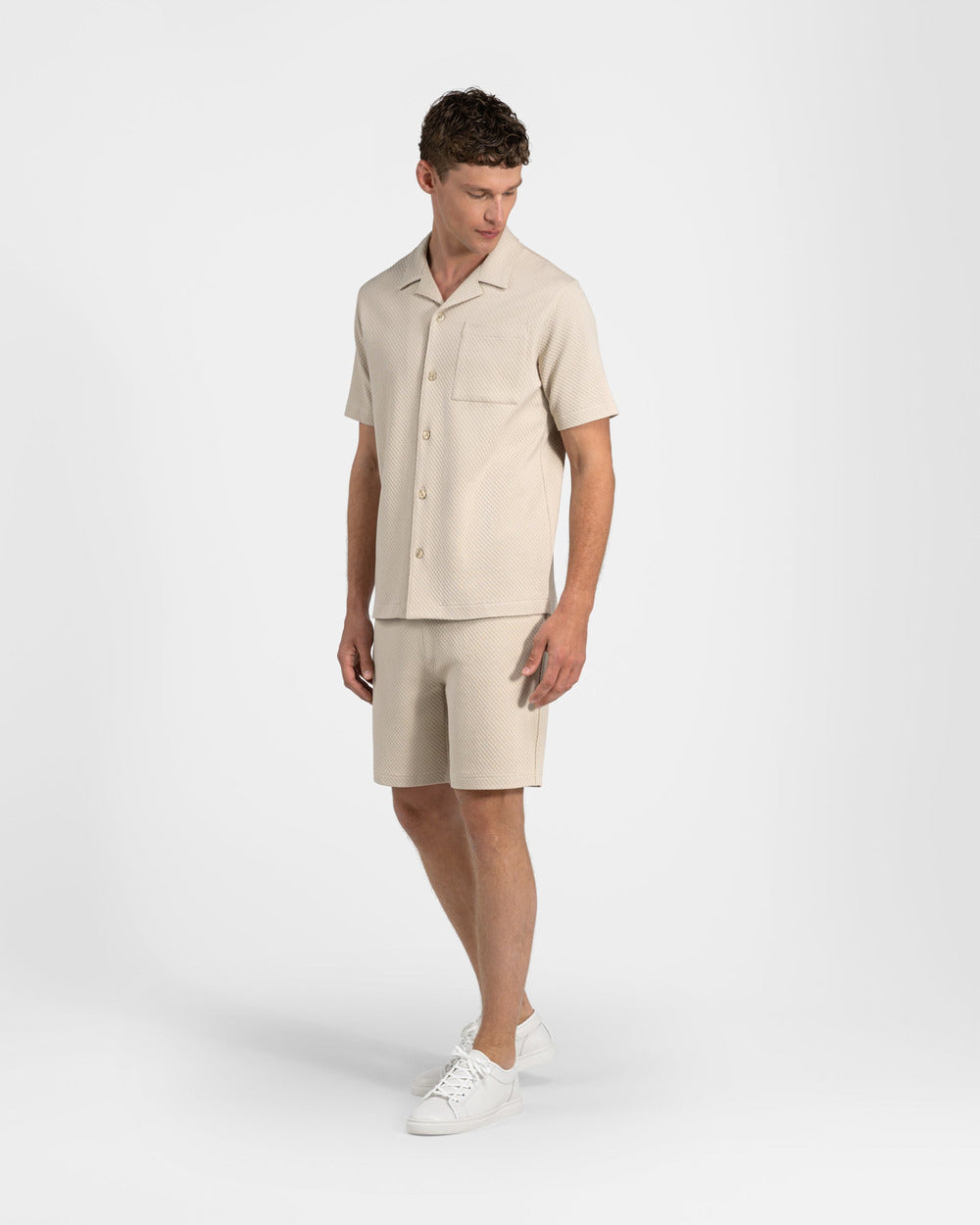 SH 04 Jacquard Sand – short sleeve shirt in beige cotton jacquard, photo 12