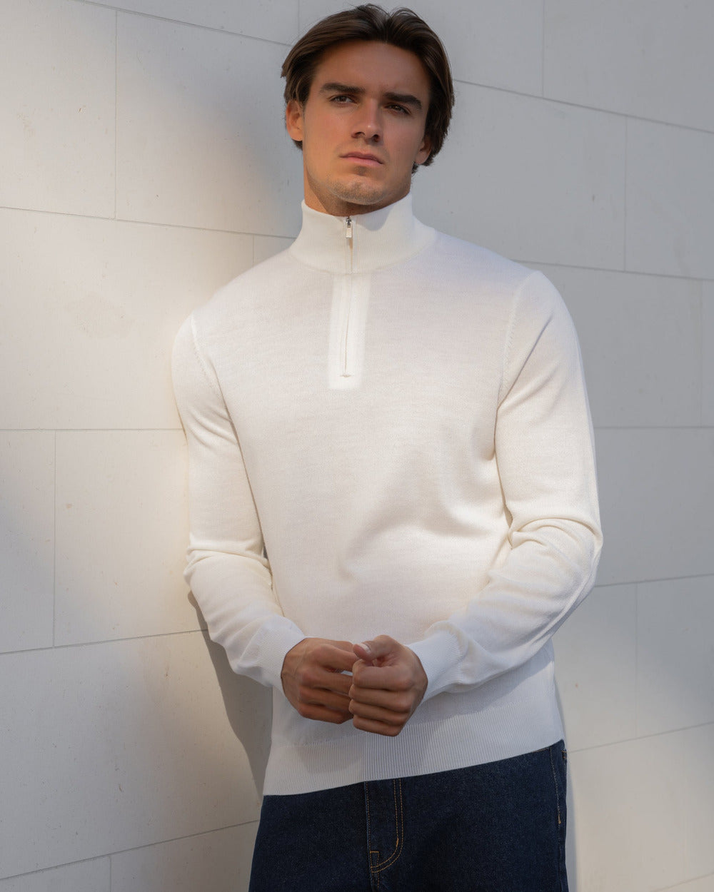 SW 05 Tailored Half Zip Off White – half zip sweater in white merino wool, photo 2