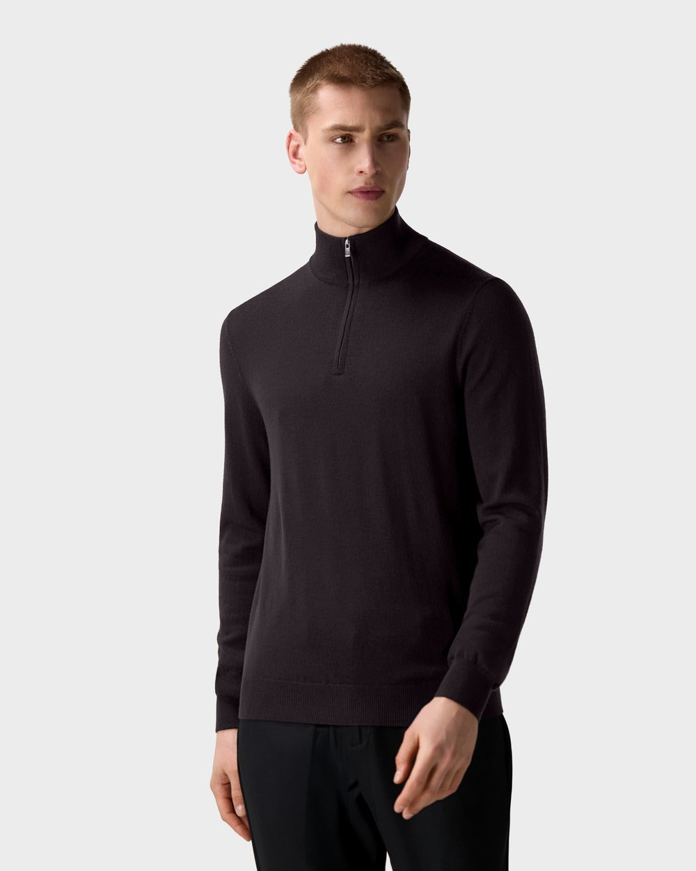 SW 05 Tailored Half Zip Dark Fig – half zip sweater in brown merino wool