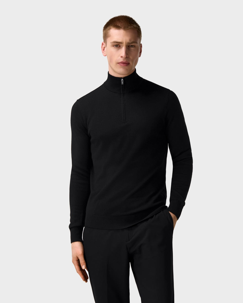 SW 05 Tailored Half Zip Black – half zip sweater in black merino wool