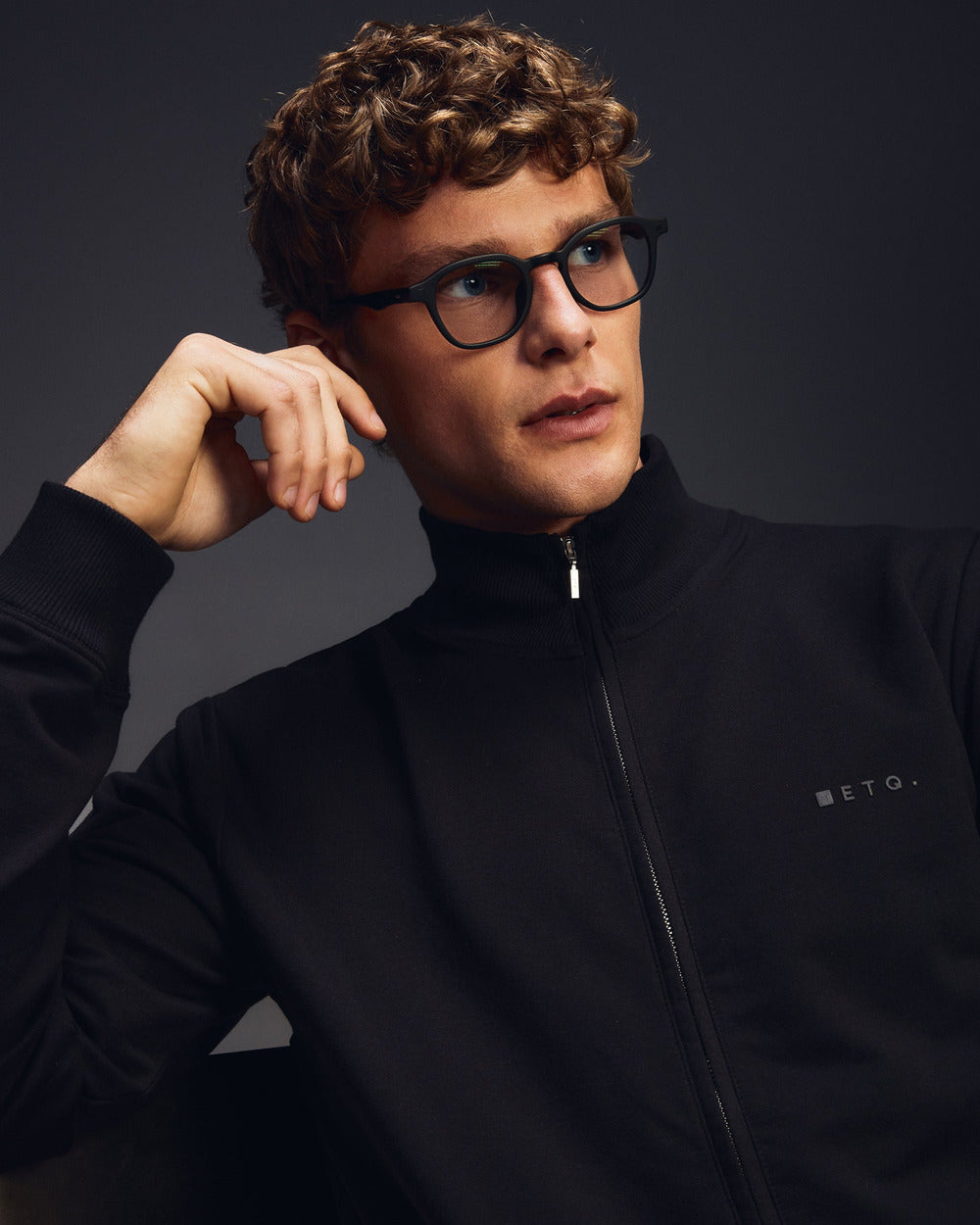 ZS 03 Marked Black and GL 01 Lense x ETQ Matte Black – full zip sweatshirt and blue light glasses